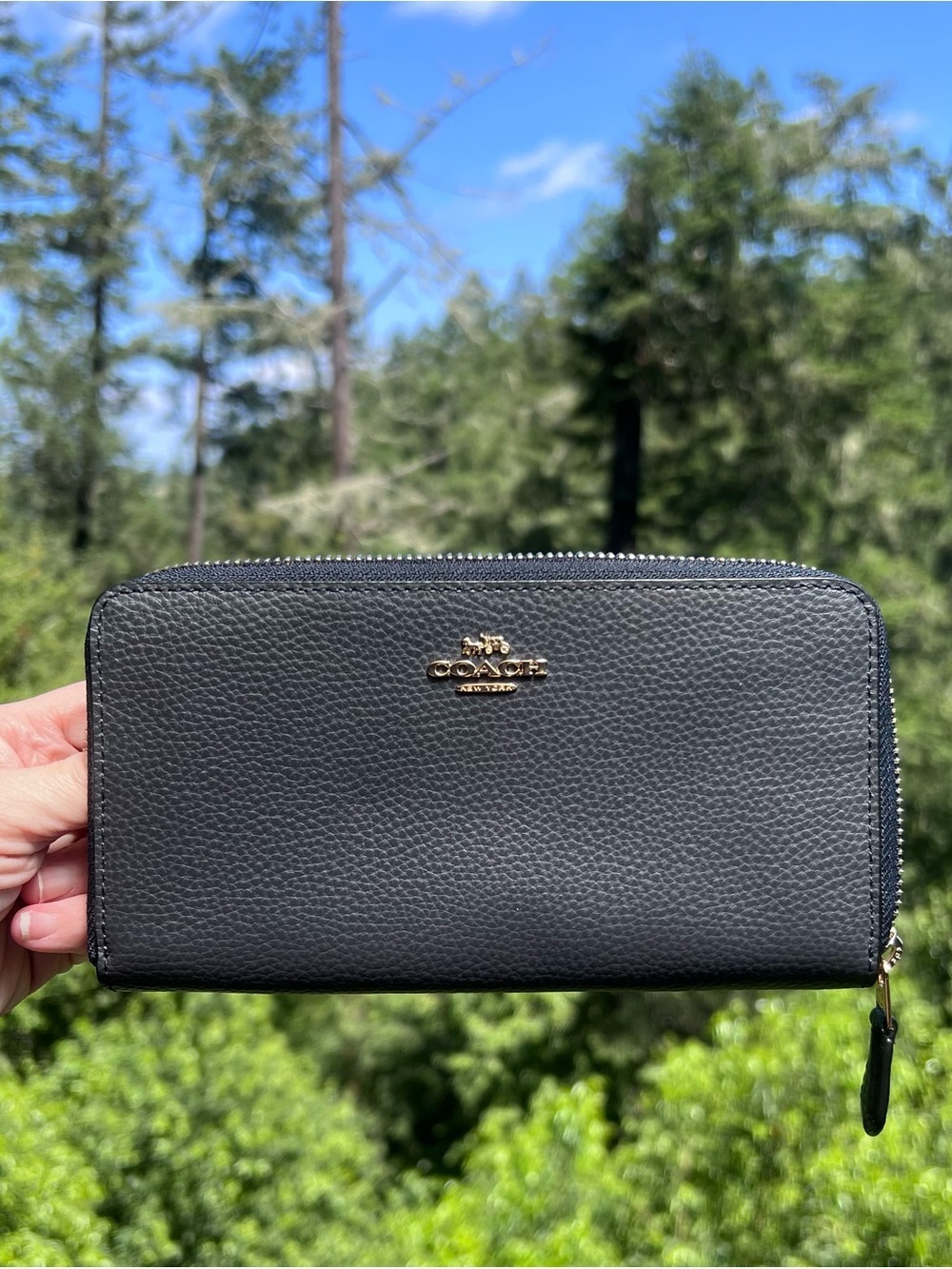 COACH Long Zip-Around Navy Pebble Leather Wallet with Gold Hardware AUTHENTIC